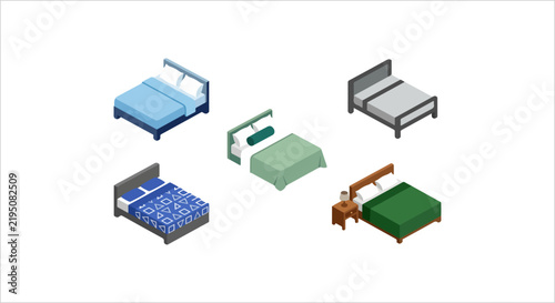 Fotografie Collection of Isometric Beds in Various Styles and Colors.