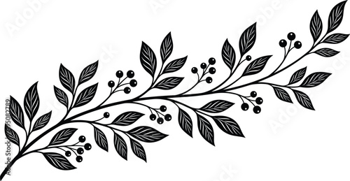 Berry Branch with Leaves, Black Line Illustration on White