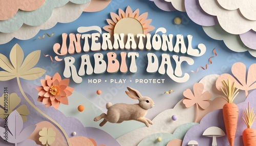 International rabbit day paper craft art banner featuring a playful bunny jumping among paper flowers clouds and carrots handmade design playful hare greeting