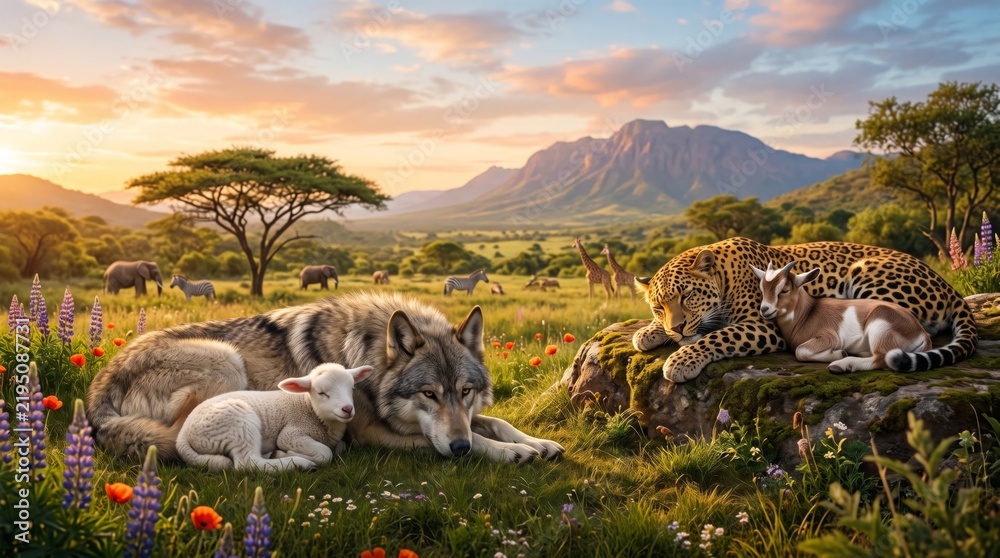 Fototapeta premium Wolf lying with lamb and leopard resting with goat in peaceful savanna at sunset. Wild predators and prey animals together in harmony.