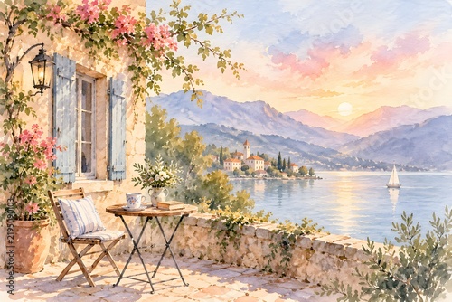 Watercolor Mediterranean balcony terrace view with sea, mountains, sailboat, and sunset painting