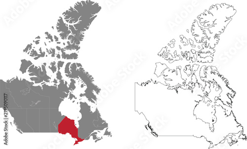 Canada map with Ontario highlighted in red, on transparent grid background.
