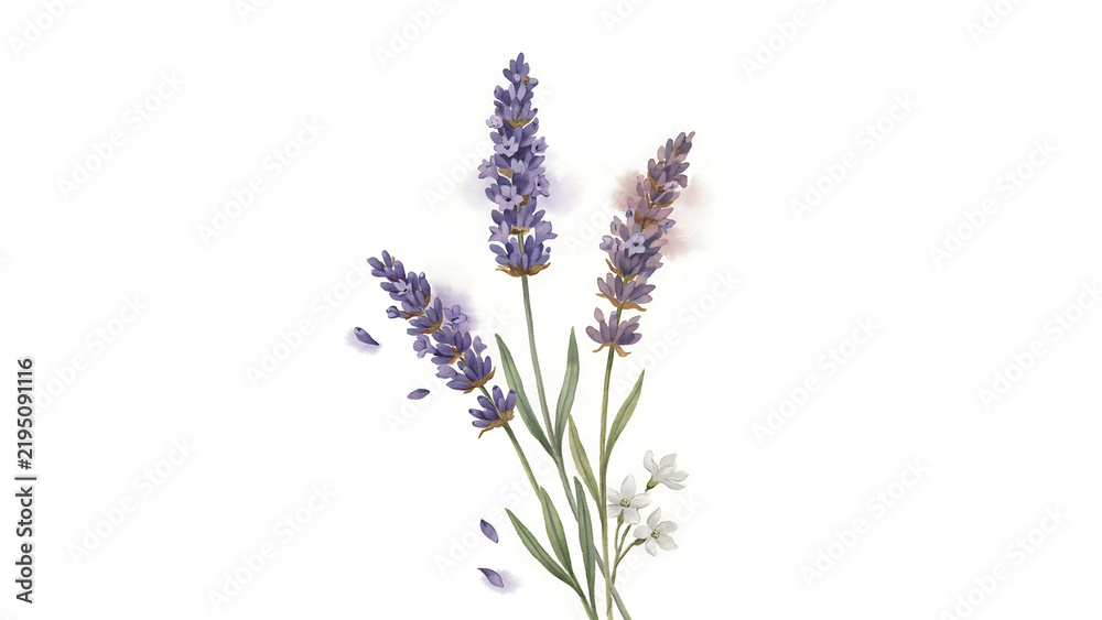 Obraz premium Watercolor painting of purple lavender flowers on white background, isolated on a, transparent background