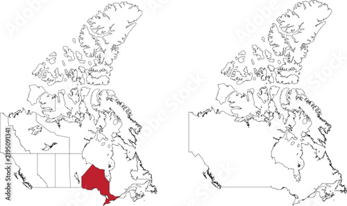 Outline map of Canada with Ontario highlighted in red, featuring a transparent background.