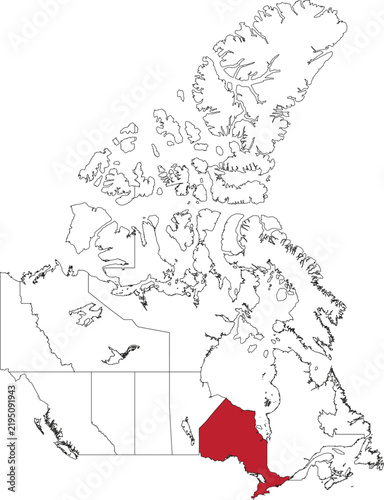 Ontario highlighted in red on Canada map outline, transparent grid.