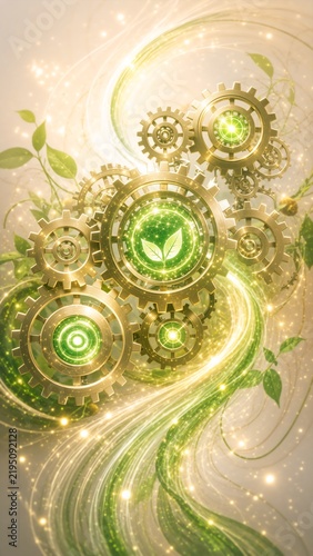 Golden gears and green leaf symbols glow in a luminous energy swirl, illustrating sustainable technology, environmental innovation, and circular growth on a bright abstract background.