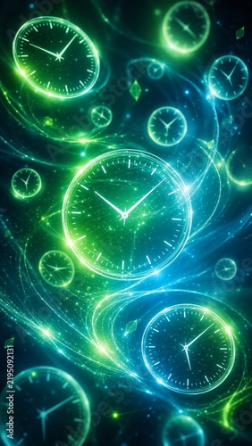 Glowing clock faces float through a swirling neon tunnel of light, creating an abstract sense of time, motion, and futuristic energy in a dark background.