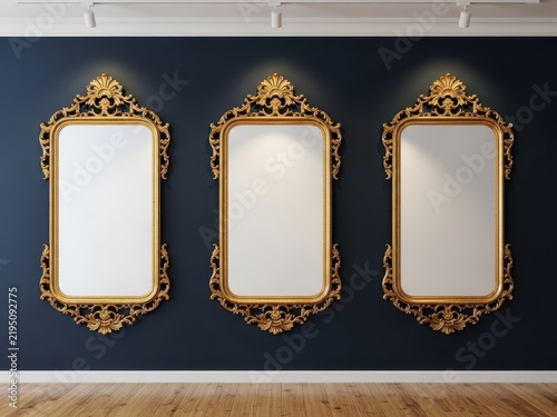 Three ornate gold picture frames with decorative details