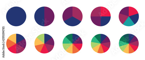 Set of colorful pie charts. Colorful pie charts with varying segments. Circle section graph. donut and pie chart infographic elements set. Set of colorful pie charts with varying segments.
