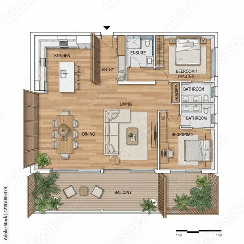 Top down 2d architectural floor plan for a modern luxury residential apartment