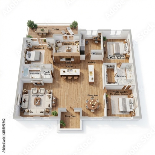 Detailed three-dimensional floor plan of a spacious residential house