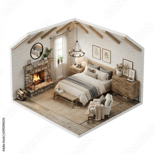 Rustic master bedroom with stone fireplace and wooden vaulted ceiling
