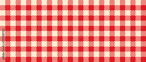 Seamless red-beige gingham check pattern with vintage plaid squares, classic picnic kitchen tablecloth texture and cute textile grid design, rustic woven fabric background. Vector illustration 