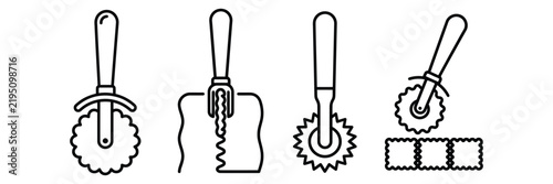 Bild auf Leinwand Set Of Four Black And White Lineart Pizza Cutters And Pasta Rolling Wheel Icons