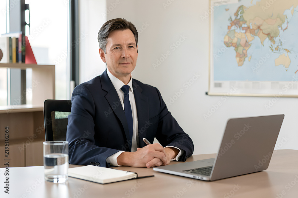 Obraz premium Executive at a bright modern desk in a calm strategic office
