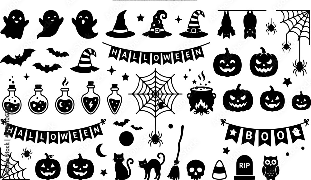 Obraz premium Halloween Silhouette Vector Icon Set - Cute Spooky Bundle with Ghosts, Pumpkins, Witch Hats, Bats, Cauldron, and Cobwebs