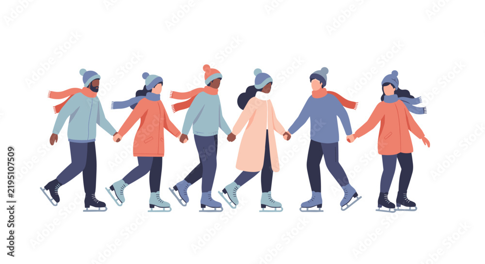Obraz premium Group of diverse friends in warm winter clothing holding hands and ice skating together on a frozen pond in a minimal flat style illustration depicting joyful seasonal fun