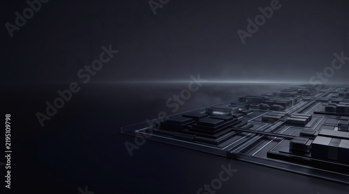 Abstract 3D AI sovereignty landscape with modular compute fabric and controlled horizon, symbolizing sovereign computing, governed infrastructure and digital autonomy.