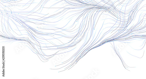 Abstract background with flowing lines and small particles in light blue and purple tones.