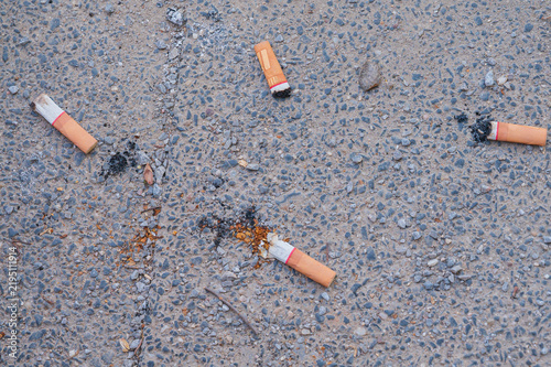 Obraz na plátně Discarded cigarette butts scattered on rough grey asphalt