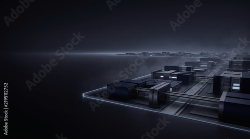 Abstract 3D sovereign AI infrastructure campus with modular compute nodes, symbolizing compute sovereignty, digital autonomy, governed AI operations and secure enterprise systems.