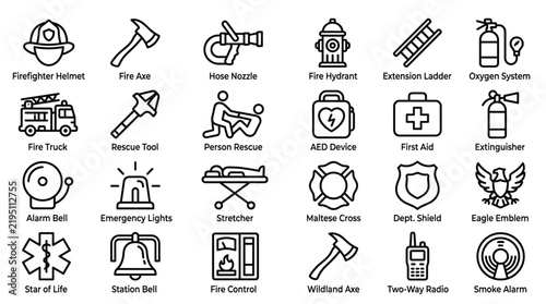 Firefighter and emergency service outlined icons set, including fireman helmet, axe, truck, hose, hydrants, ladder, oxygen, and other rescue tools.