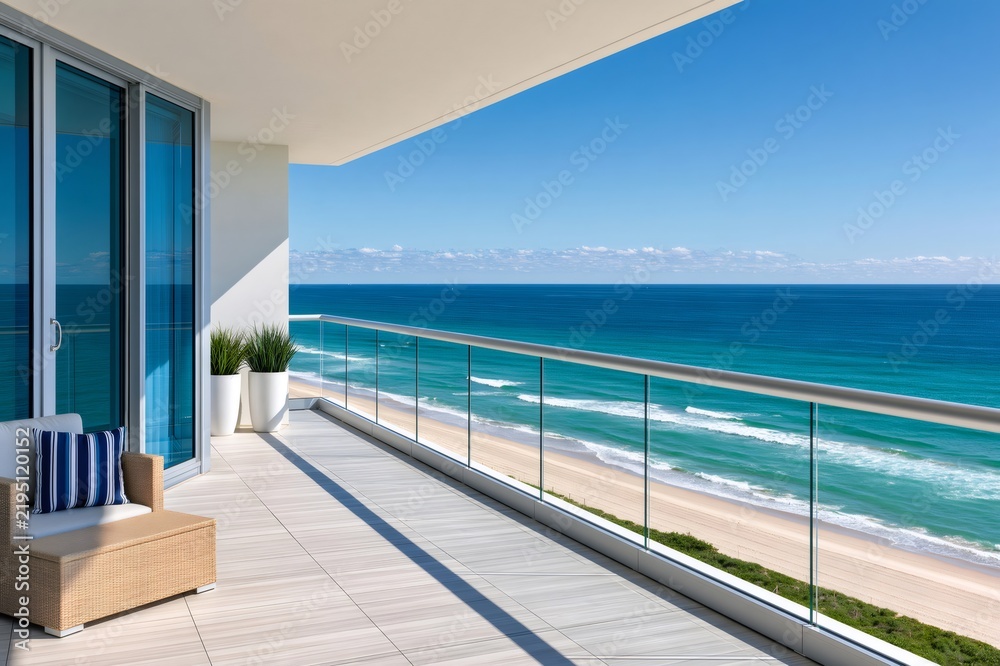 Fototapeta premium Luxury apartment balcony overlooking ocean beach view