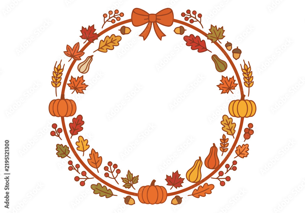Fototapeta premium Hand drawn autumn wreath with fall leaves pumpkins and a festive bow
