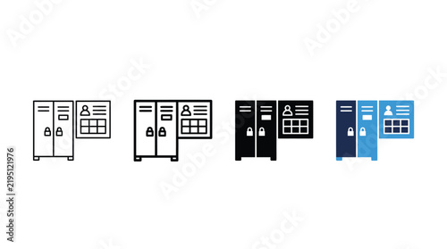 Locker and user profile icons represent employee storage, personal identification, and security management in four distinct vector graphic styles.