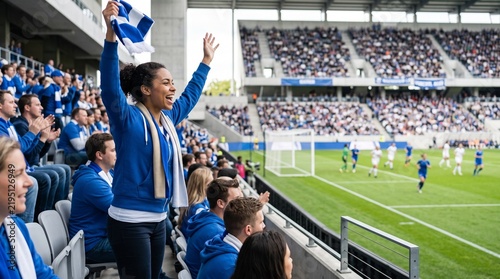Woman soccer fan cheering in stadium during a football match  