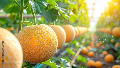 Ripe melons growing on vines in a bright greenhouse.