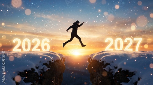 Person Jumping Across Mountain Gap from 2026 to 2027 at Sunset
