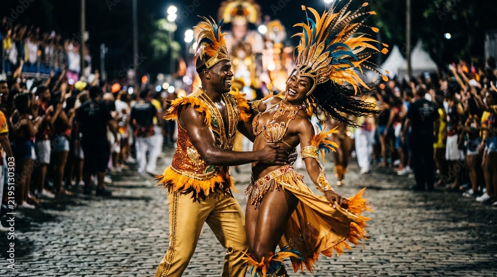 Fototapeta premium Couple dancing in vibrant costumes at a lively carnival parade at night
