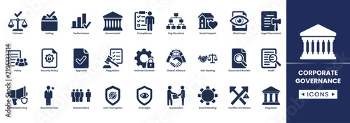Corporate governance icons set, business management and compliance symbols
