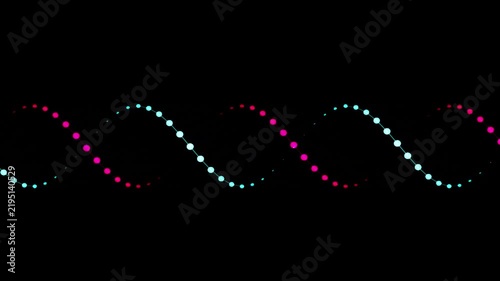 Abstract wavy lines of glowing particles moving in opposite directions on black background