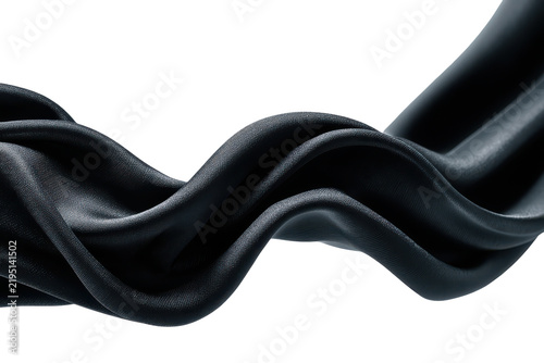 Elegant black silk fabric in flowing waves isolated on transparent background.
