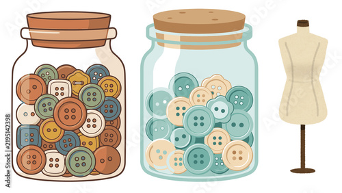 Fotografía Glass jars filled with colorful sewing buttons and a dressmaker mannequin isolat