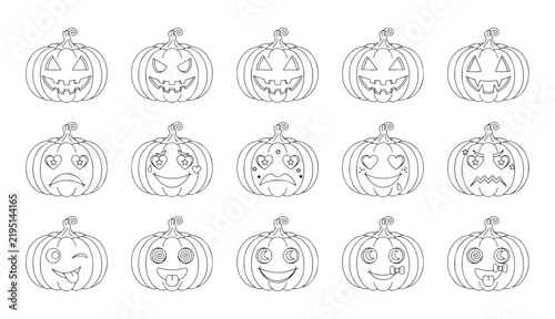 Foto Fifteen halloween pumpkin designs featuring diverse emotive faces and creative expressions on backdrop