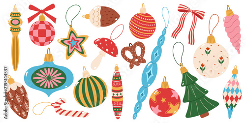Colorful collection of Christmas tree ornaments. Vintage glass decorations in various shapes and designs for decorating a Christmas tree. Vector illustration for traditional winter holidays.