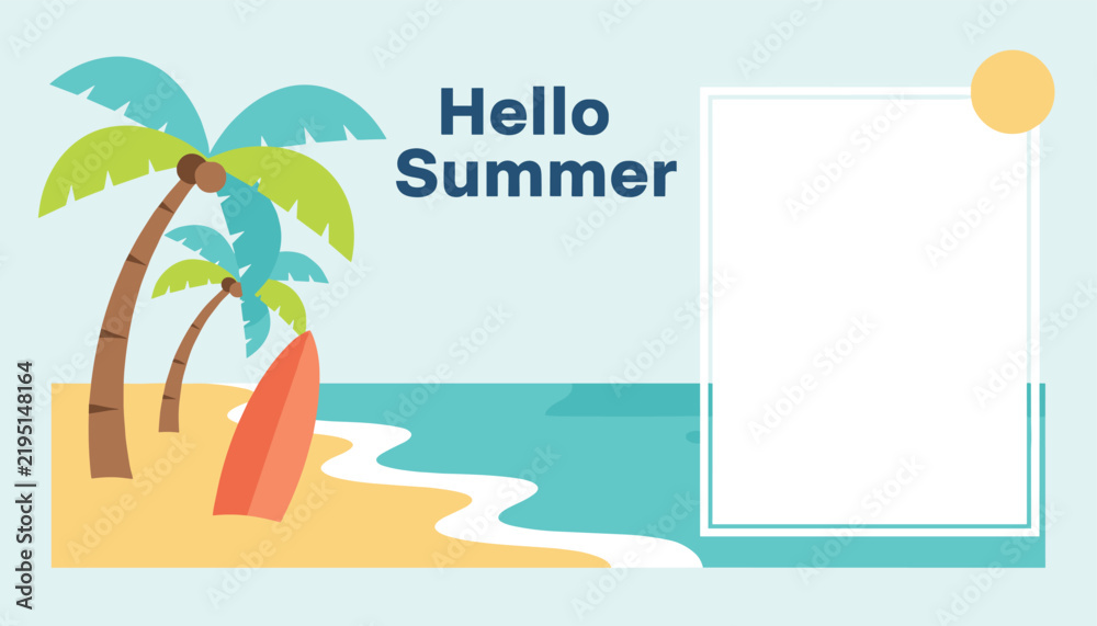 Fototapeta premium Hello summer beach scene with palm trees, a surfboard, golden sand, and ocean waves under a clear sky with a blank photo frame.