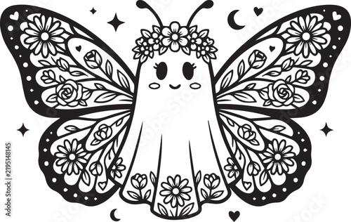 A whimsical butterfly illustration features a central figure resembling a ghost with floral wing patterns vector ghostly spooky cute kawaii delicate intricate ornate detailed black and white