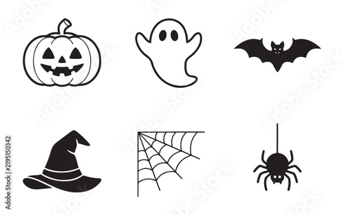 Spooky halloween character set with line art and silhouette icons for seasonal graphic design assets.