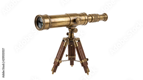 Compact vintage brass telescope on a dark walnut tripod, featuring aged metal patina and refined traditional craftsmanship. Isolated on White background.