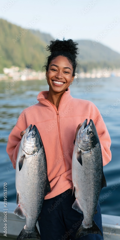 Fototapeta premium Smiling woman holding two large salmon at a mountain lake pier for fishing banner and outdoor lifestyle background