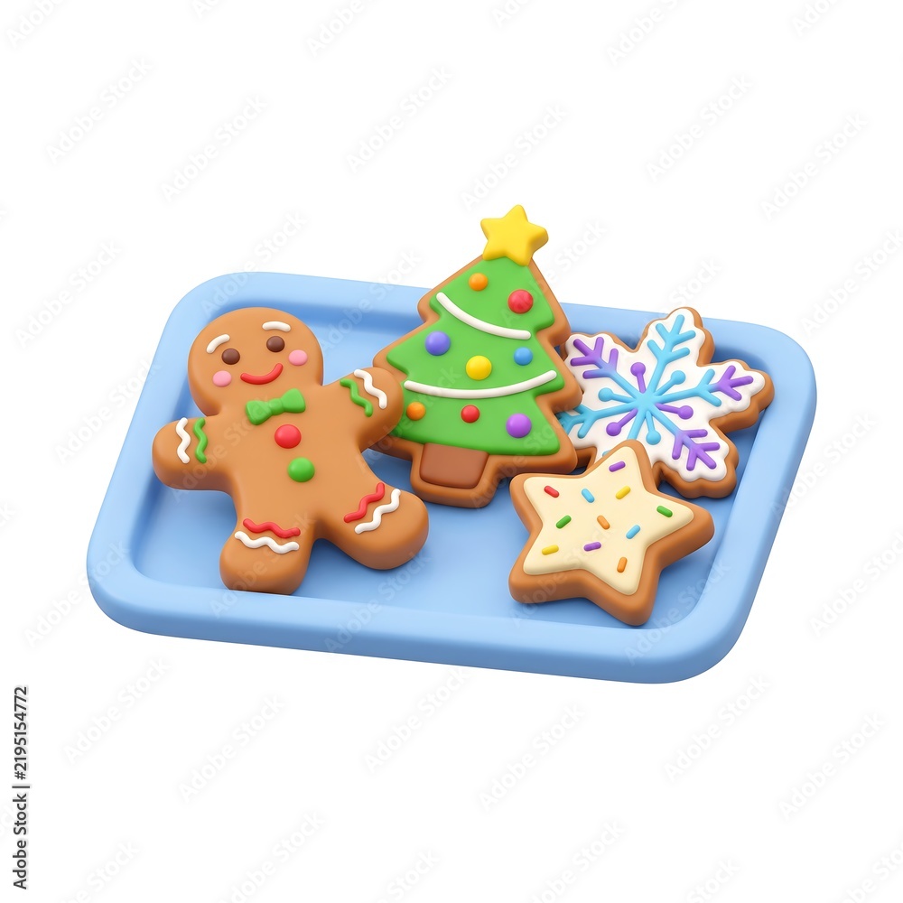 Fototapeta premium Assorted decorated christmas themed cookies on a blue serving tray with gingerbread man holiday treats christmas tree cookie snowflake cookie star cookie sweet treats holiday sweets