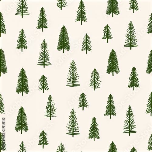 This pattern displays various Christmas trees in green on a light background