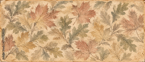 Vintage Herbsthintergrund mit zarten Herbstblättern in warmen Naturtönen auf strukturierter beiger Papieroptik im nostalgischen Stil Generative KI