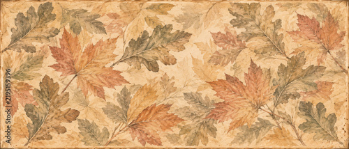 Vintage Herbsthintergrund mit zarten Herbstblättern in warmen Naturtönen auf strukturierter beiger Papieroptik im nostalgischen Stil Generative KI