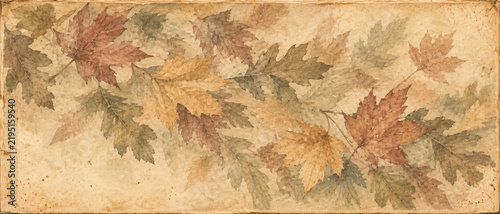 Vintage Herbsthintergrund mit zarten Herbstblättern in warmen Naturtönen auf strukturierter beiger Papieroptik im nostalgischen Stil Generative KI