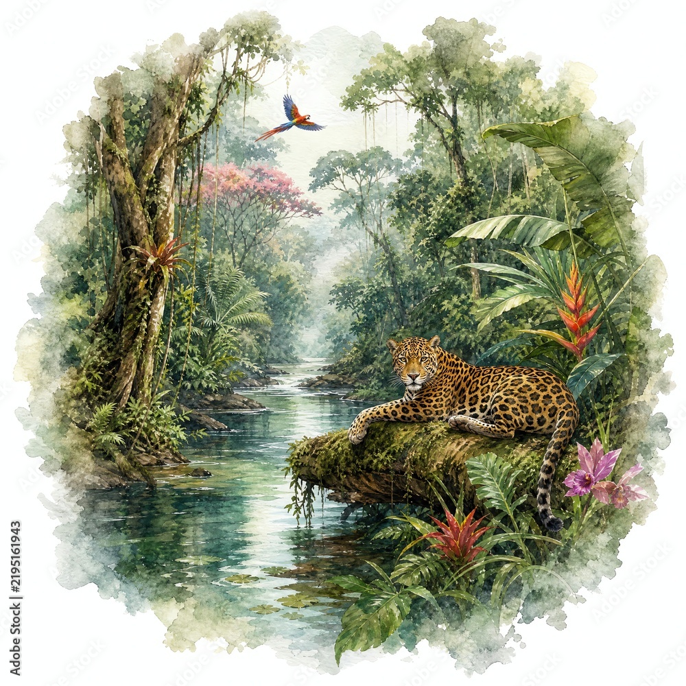 Obraz premium Watercolor Jaguar Resting on Mossy Log by Amazon River